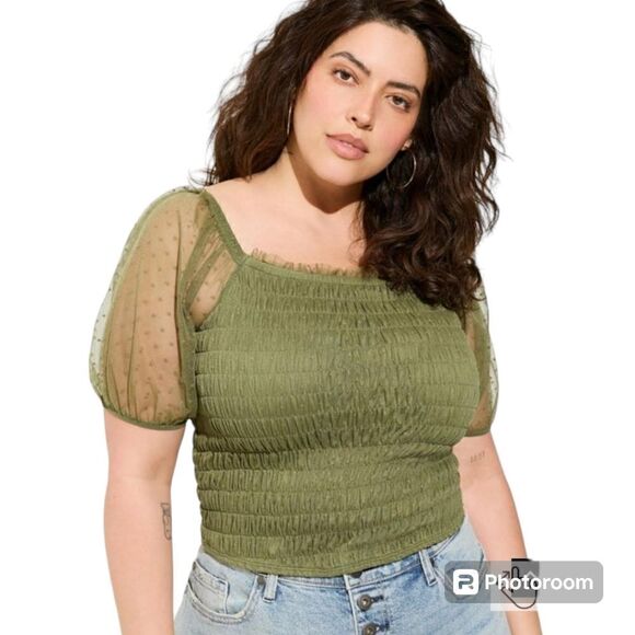 6X 30W Torrid Green Dot Mesh Square Neck Crop Top Smocked Puff Sleeve Garden fai - Picture 1 of 7